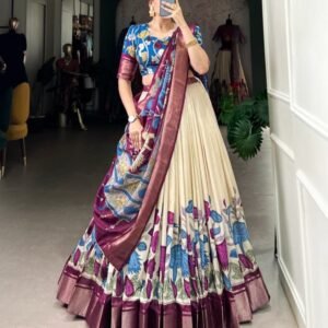 Anusha Off White Traditional Kalamkari Printed Dola Silk Lehenga Choli