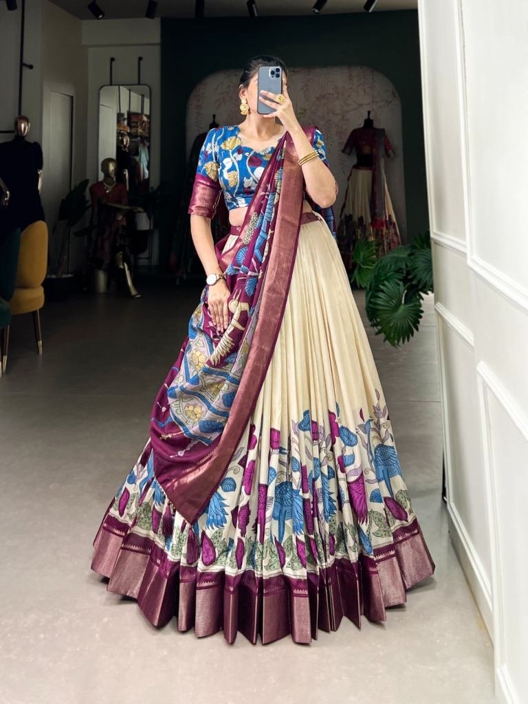 anusha off white traditional k 1735810761 Anusha Off White Traditional Kalamkari Printed Dola Silk Lehenga Choli