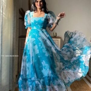 Aqua Blue Taby Organza Floral Print Maxi Dress
