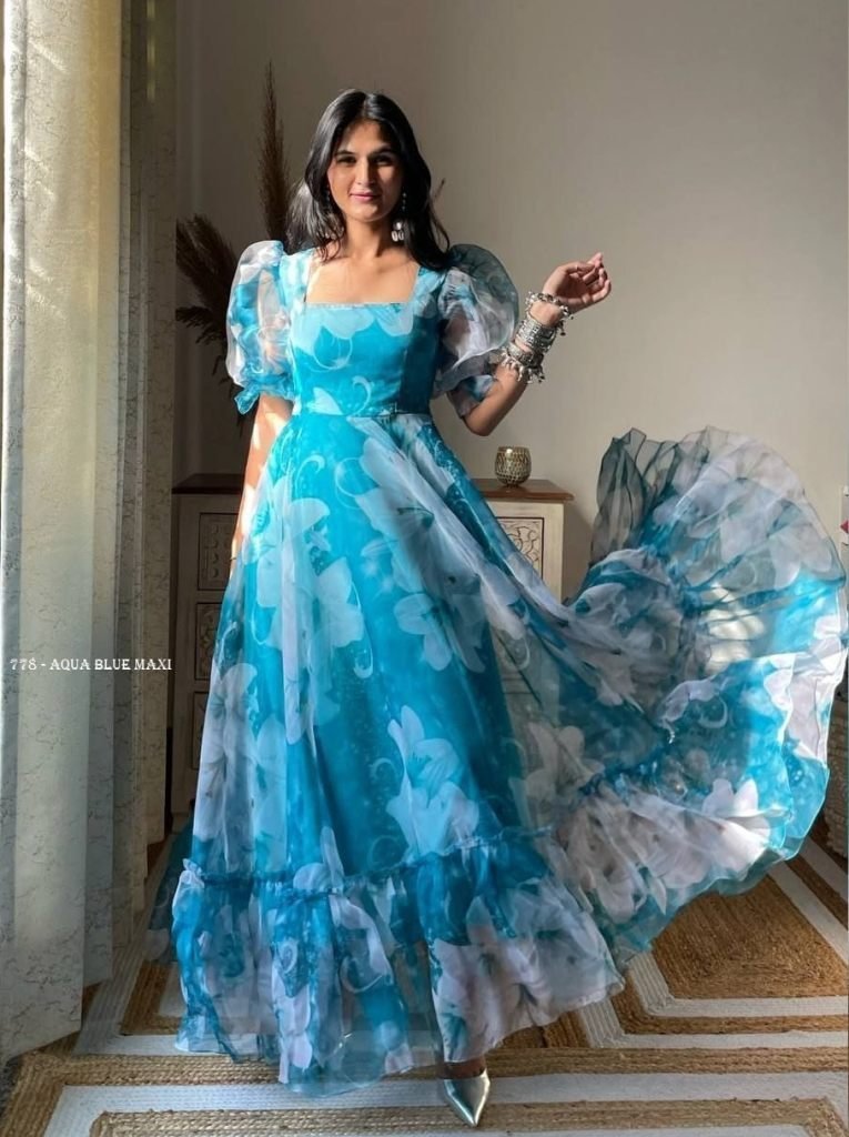 aqua blue taby organza floral 1716461840 Aqua Blue Taby Organza Floral Print Maxi Dress