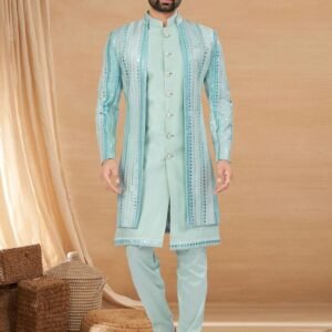 Art Silk Lace Embroidered Mint Blue Indo Western