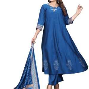 Attractive Blue Silk Anarkali Kurtis With Printed Dupatta