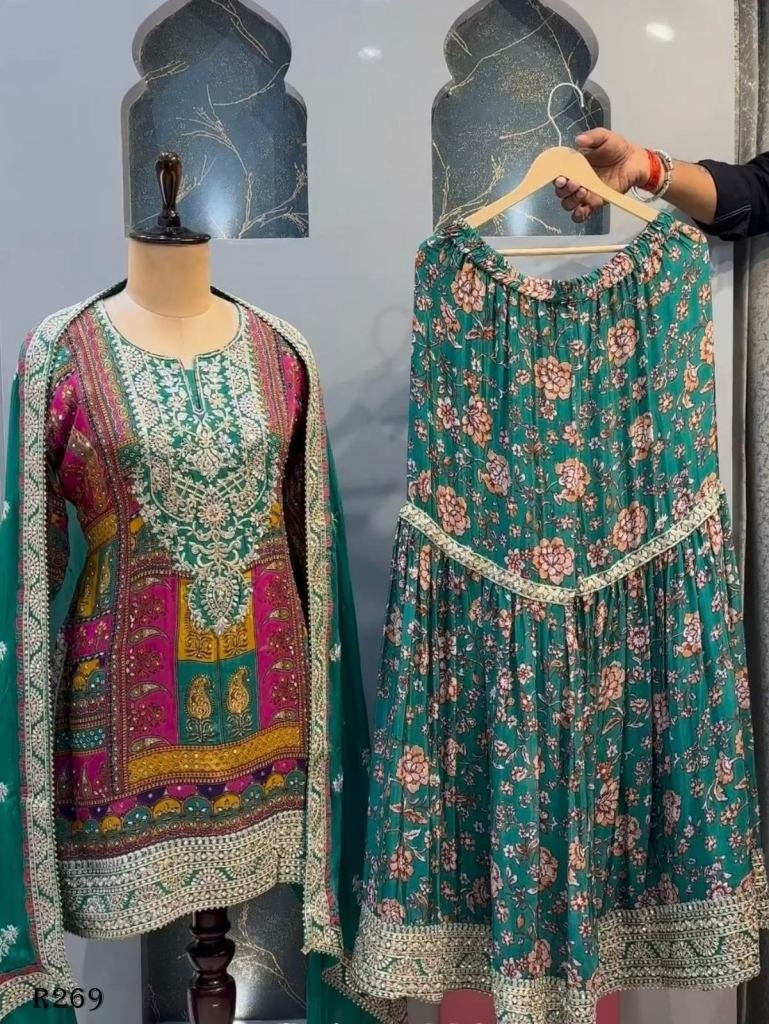 attractive bottle green design 1725357859 Attractive Bottle Green Designer Georgette Sharara Suits