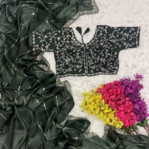 Attractive Dark Green Embroidery And Sequence Work Jimmy Choo Saree