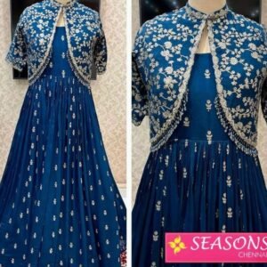 Attractive Designer Blue Pure Chinon Silk Gown With Heavy Work Jacket