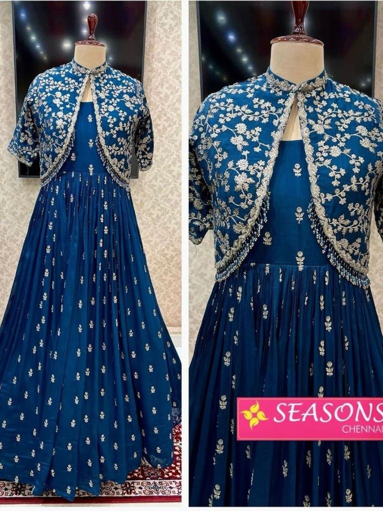 attractive designer blue pure 1729161942 Attractive Designer Blue Pure Chinon Silk Gown With Heavy Work Jacket