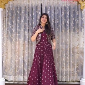 Attractive Designer Wine Pure Chinon Silk Gown With Heavy Work Jacket