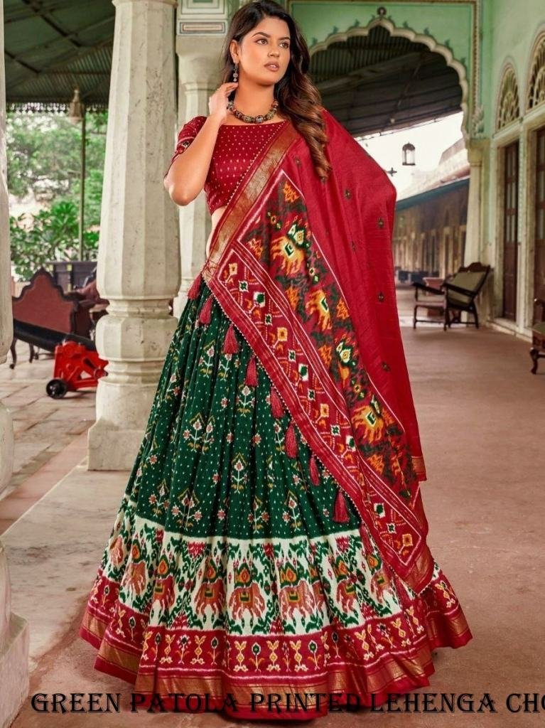 attractive green patola printe 1717063873 Attractive Green Patola Printed Tussar Silk With Bindi And Foil Print Lehenga choli