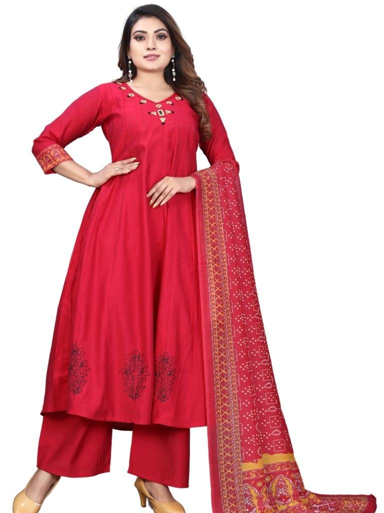 attractive light red roman sil 1735040614 Attractive Light Red Roman Silk Anarkali Kurtis Dupatta Set