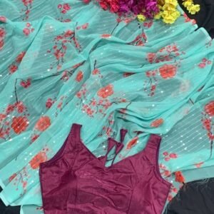 Attractive Look Sky Digital Print With Sequence Saree
