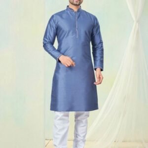 Attractive Off Blue Shiny Pure Silk Men Kurta