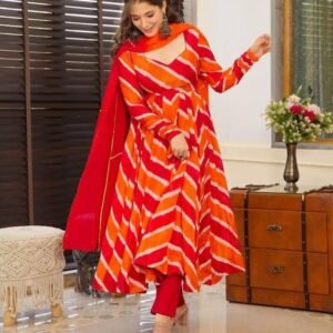 Attractive Orange Muslin Leheriya Suit Set For Women