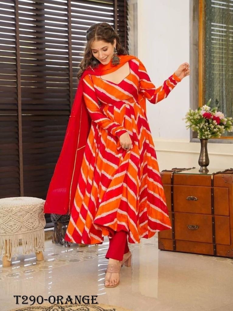attractive orange muslin leher 1722666278 Attractive Orange Muslin Leheriya Suit Set For Women