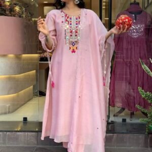 Attractive Pink Mirror Work Chanderi Kurtis Set With Fancy Sleeves