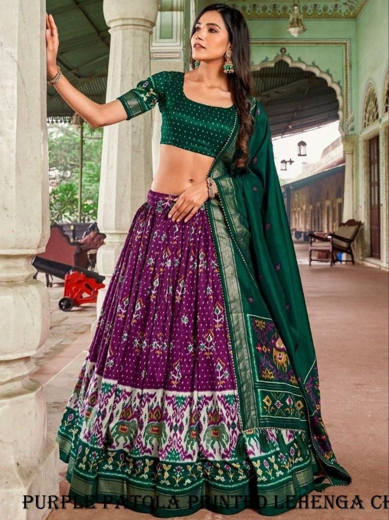 attractive purple patola print 1717063470 Attractive Purple Patola Printed Tussar Silk With Bindi And Foil Print Lehenga choli