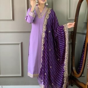 Attractive Purple V Neck Viscose Silk Kurti Set With Pant Dupatta