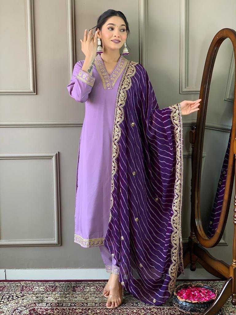 attractive purple v neck visco 1742032350 Attractive Purple V Neck Viscose Silk Kurti Set With Pant Dupatta