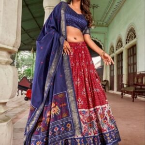 Attractive Red Patola Printed Tussar Silk With Bindi And Foil Print Lehenga choli