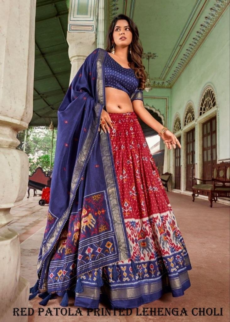 attractive red patola printed 1717063220 Attractive Red Patola Printed Tussar Silk With Bindi And Foil Print Lehenga choli