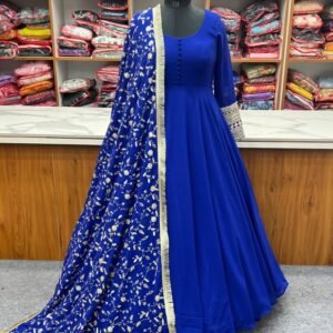 Attractive Royal Blue Gown With Jari Work Dupatta