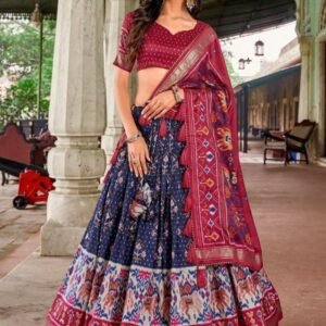 Attractive Royal Blue Patola Printed Tussar Silk With Bindi And Foil Print Lehenga choli