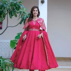 Attractive Sleeve Vichitra Silk Readymade Anarkali Gown