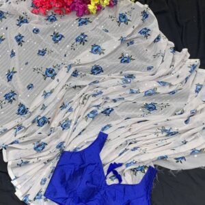Attractive White Digital Printed Sequence Georgette Saree With Blue Blouse
