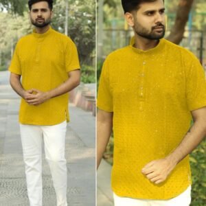 Attractive Yellow Chikankari Work Rayon Short Men Kurta