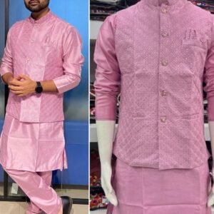 Baby Pink Banglori Silk Mens Kurta Pant Koti Set