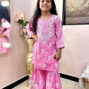 Baby Pink Designer Full Stitched Kids Girls Sharara Suits