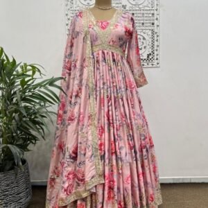 Baby Pink Designer traditional Chinon Silk Gown Dupatta Set