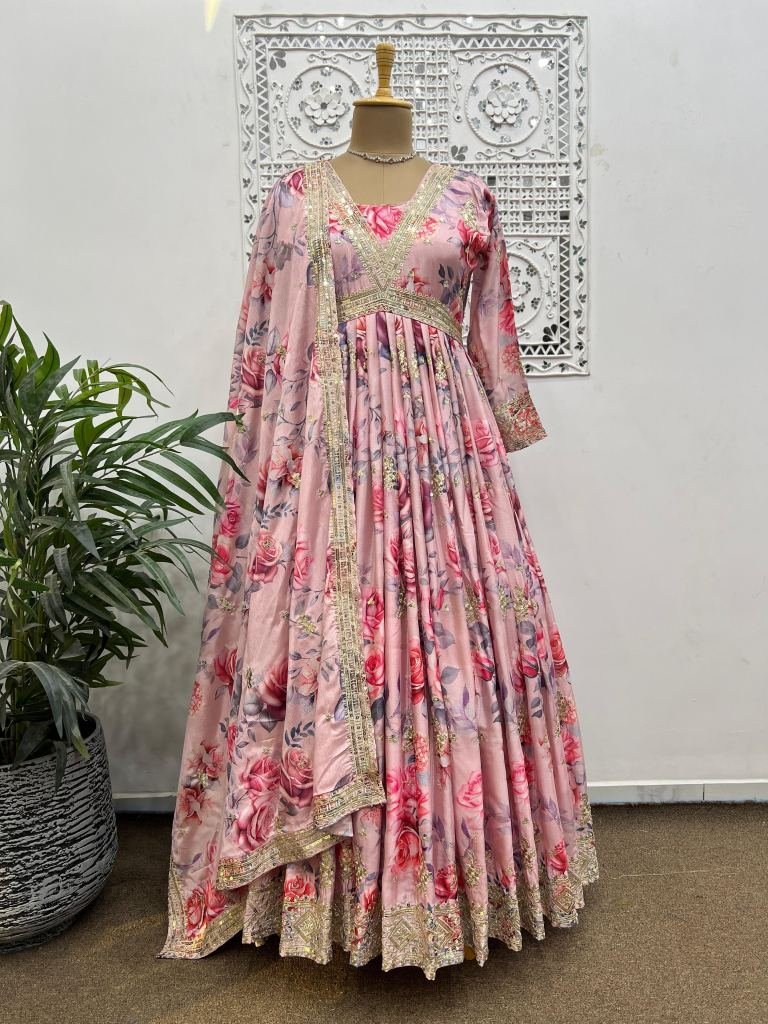 baby pink designer traditional 1734945949 Baby Pink Designer traditional Chinon Silk Gown Dupatta Set