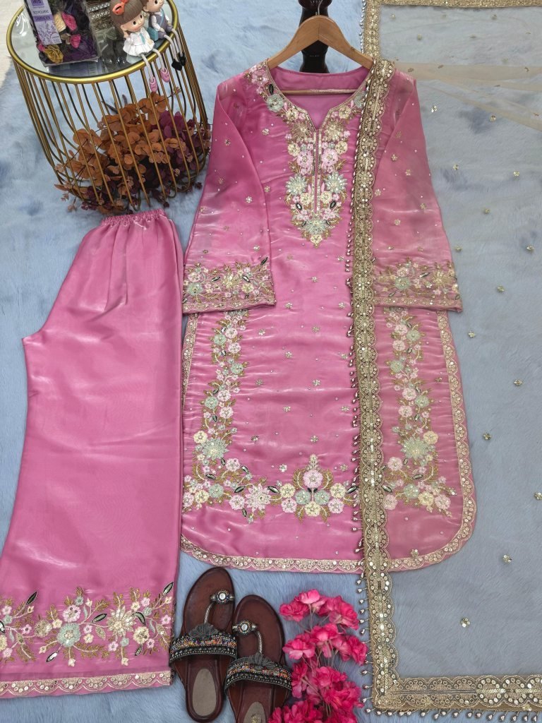 baby pink embroidered plazzo s 1745322847 Baby Pink Embroidered Plazzo Suit With Jimmy Choo Fabric