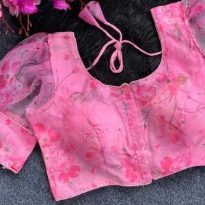 Baby Pink Sobha Flower Printed Organza Readymade Blouse