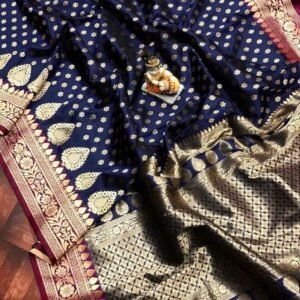 Banarasi Lichi Silk Blue Saree With Golden Zari Butti Work