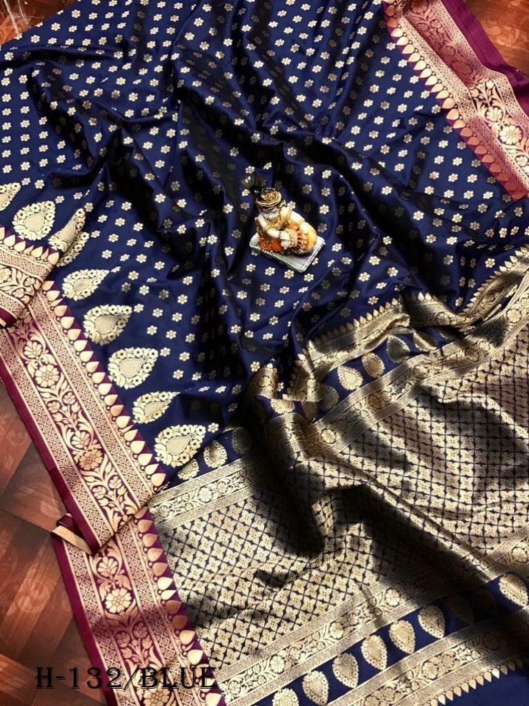 banarasi lichi silk blue saree 1725964369 Banarasi Lichi Silk Blue Saree With Golden Zari Butti Work