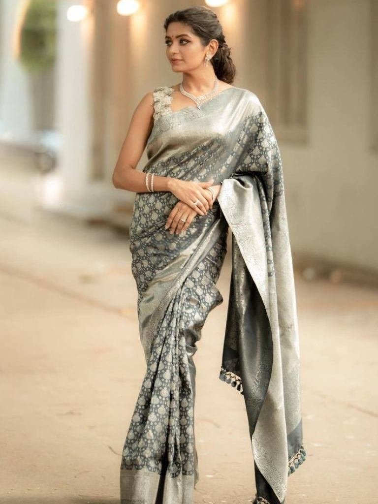 banarasi soft silk stylish gre 1727345746 Banarasi Soft Silk Stylish Grey Saree