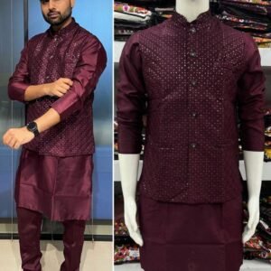 Banglori Silk Mens Maroon Kurta Pant Koti Set