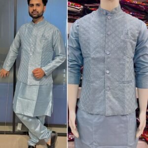 Banglori Silk Mens Maroon Kurta Pant Koti Set