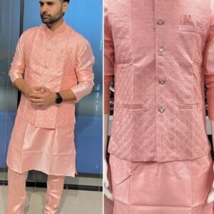 Banglori Silk Mens Peach Kurta Pant Koti Set