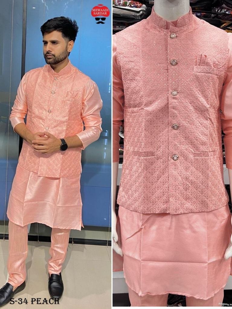 banglori silk mens peach kurta 1726219846 Banglori Silk Mens Peach Kurta Pant Koti Set