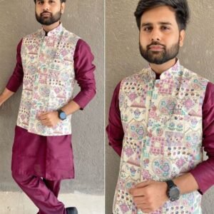 Banglori Silk Wine Kurta Pyjama With Printed Koti