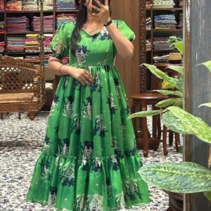 Beautiful Best Green Kota Chex Short Puff Sleeves One Piece Dress