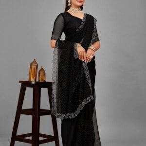 Beautiful Black Blooming Net Saree With Aari Work