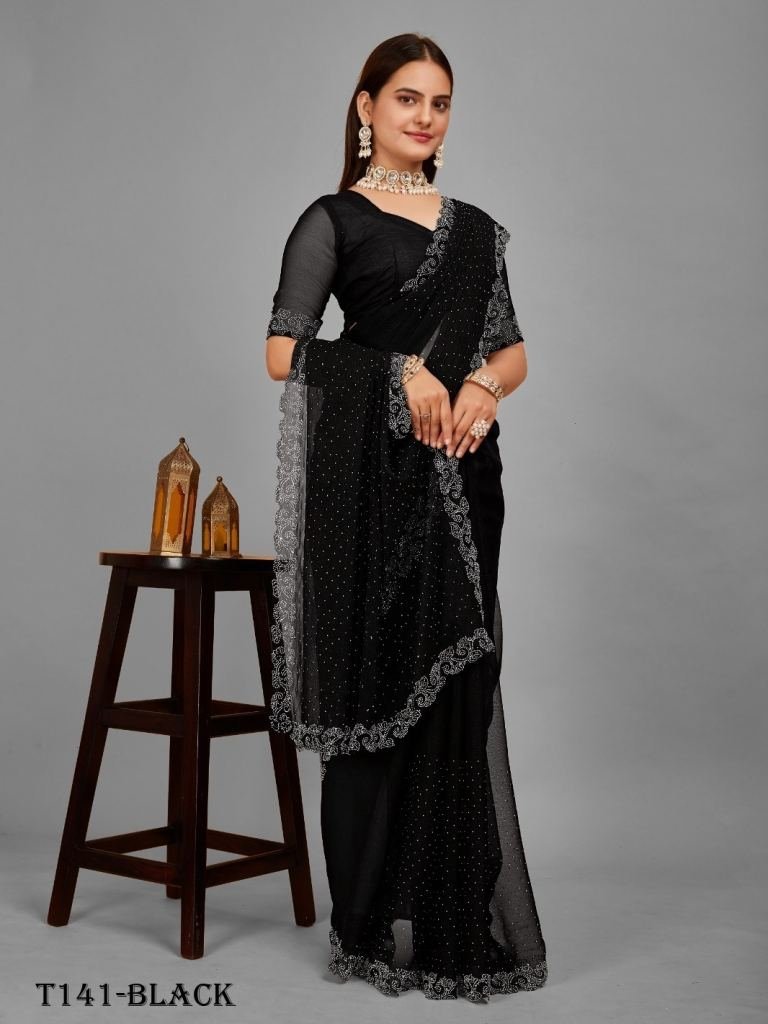 beautiful black blooming net s 1719554324 Beautiful Black Blooming Net Saree With Aari Work