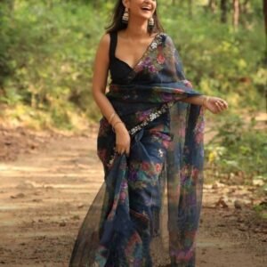 Beautiful Black Handcrafted Work Organza Saree With