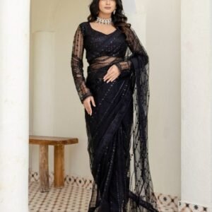 Beautiful Black Soft Mono Net Sequence Thread Saree