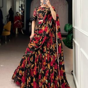 Beautiful Black Vibrant Floral Marble Prints Lehenga