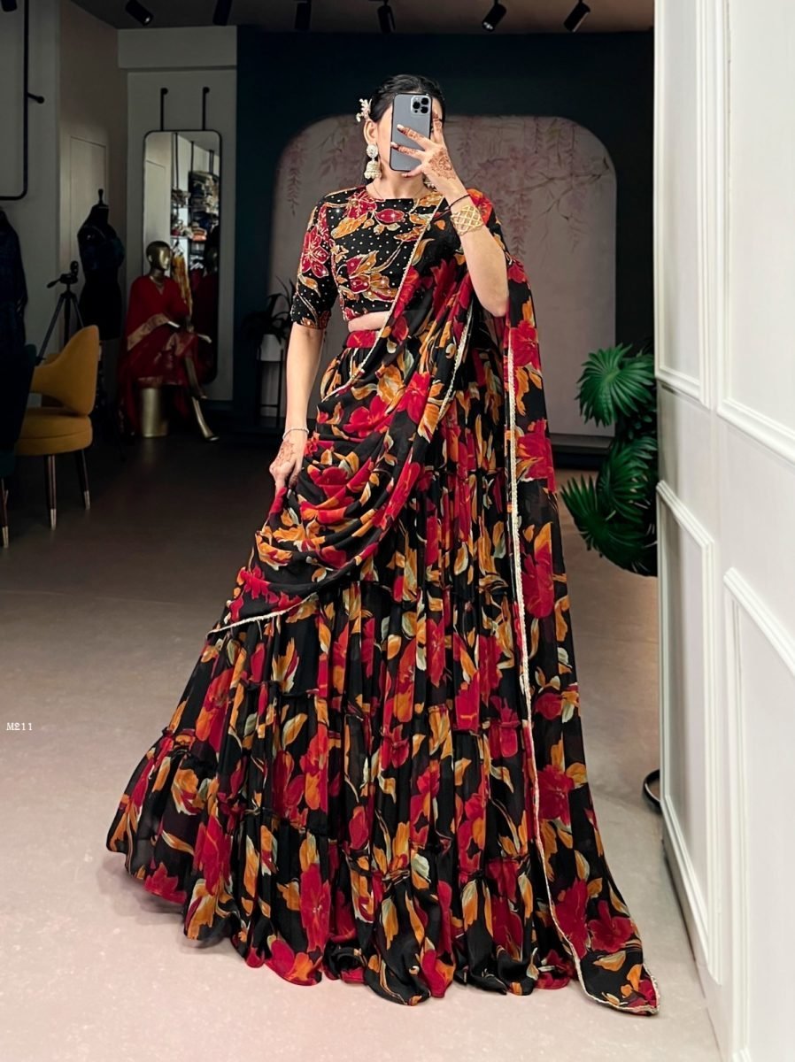beautiful black vibrant floral 1771836815 Beautiful Black Vibrant Floral Marble Prints Lehenga