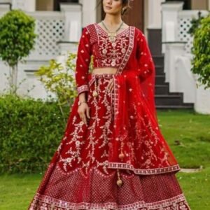 Beautiful Blood Red Siroski and Real Mirror Work Bridal Lehenga